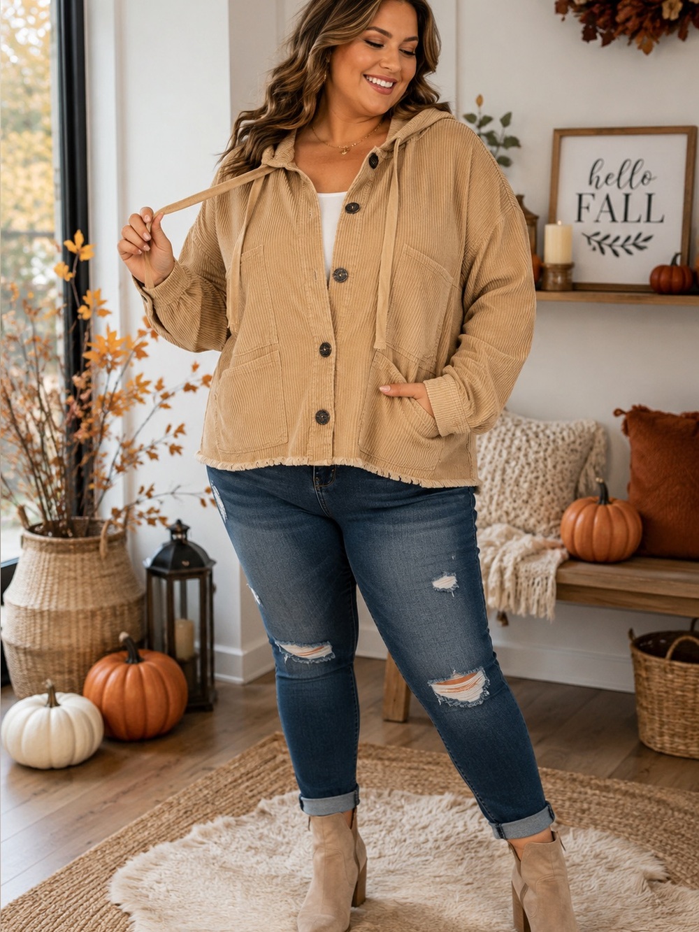 GeeGee Plus Size 3XL Corduroy Hooded Shacket Jacket Raw Hem Oversized NWT